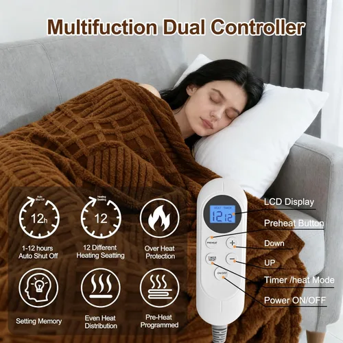 Miniatura 4 de Manta eléctrica térmica Eastsora tamaño King, manta térmica de tipo gofre con 12 niveles de calor, manta de calentamiento rápido con ajustes