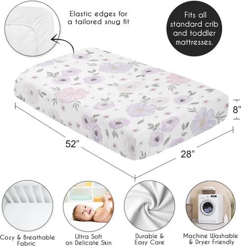 Miniatura 4 de Sweet Jojo Designs Sábanas ajustables para cuna de bebé (floral bohemio morado/gris) para niñas, guardería infantil, habitación de niños pequeños