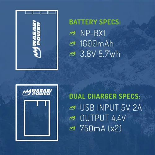 Miniatura 3 de Wasabi Power Batería NP-BX1 (paquete de 2) y cargador USB dual para Sony NP-BX1/M8, ZV-1, ZV-1 II, Cyber-Shot DSC-HX95, HX99, HX350, RX1, RX1R II