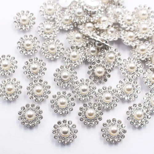 Miniatura 7 de 120pcs 0.551 in Girasol Perla Plata Cristales Botones Coser en Diamantes de Imitación para Ropa Tela Accesorios de Costura