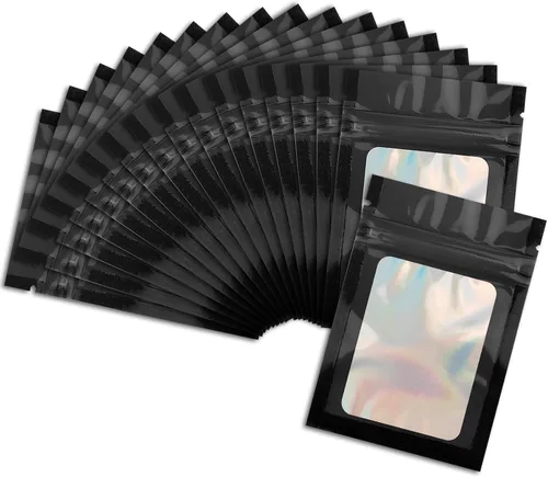 50 bolsas de Mylar negras de 2.7 x 3.9 pulgadas con ventana transparente, bolsa holográfica resellable para almacenamiento de alimentos, joyas,