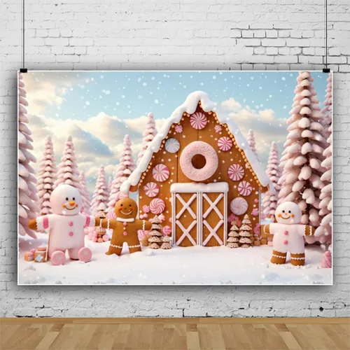 Miniatura 2 de Yeele Fondo de fotografía de pueblo de Navidad de 5 x 3 pies, dibujos animados, hombre de jengibre, hogar de galletas, fondo de invierno, nieve