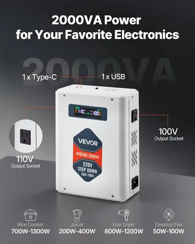 Miniatura 2 de VEVOR Convertidor de Voltaje Reductor, 2000VA, Convertidor de Energía de Voltaje de Servicio Pesado, Transformador de Energía de 220V a 110V, con 2