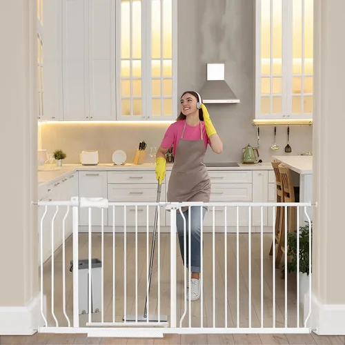 Miniatura 12 de Puerta extra ancha para bebé, puerta extra alta para perros, para escaleras, puertas, tensión de metal blanco, puertas de seguridad para mascotas