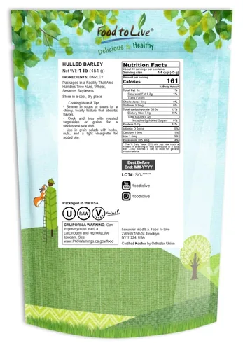 Miniatura 2 de Food to Live Grano de cebada descascarada, 1 libra, 100% grano entero, vegano, ideal para hornear en casa, elaboración de cerveza, molienda. Rico