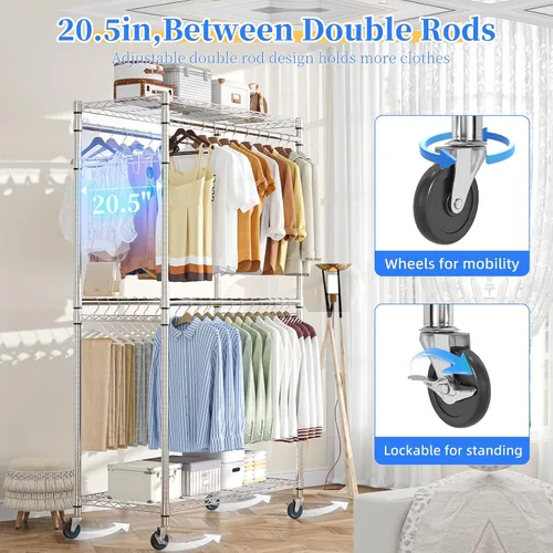 Miniatura 6 de Simple Trending Perchero para ropa resistente con ruedas y 4 varillas colgantes, estantes ajustables para prendas rodantes, capacidad de carga 254