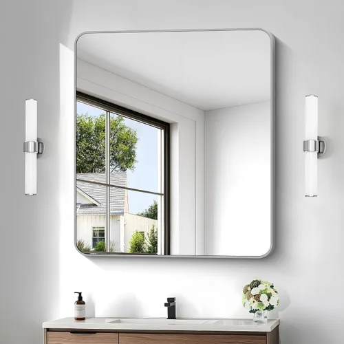 Miniatura 50 de Espejo de baño de 18 x 24 pulgadas con marco de metal negro rectangular, espejo de tocador rectangular de esquinas redondeadas, espejo de pared