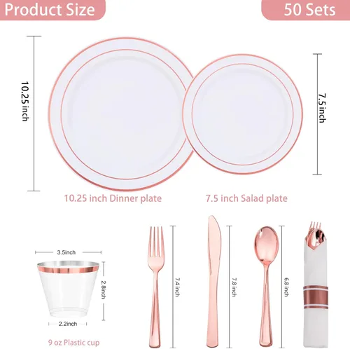 Miniatura 2 de WELLIFE 350 platos de plástico de oro rosa para 50 invitados, juego de vajilla de plástico, suministros para fiestas incluye 100 platos de oro rosa