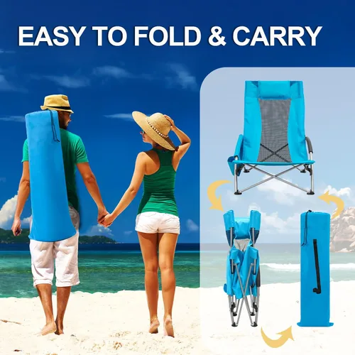 Miniatura 6 de ptlsy Sillas de playa para adultos, paquete de 2, sillas de playa plegables con respaldo alto, ligeras y portátiles para exteriores, playa