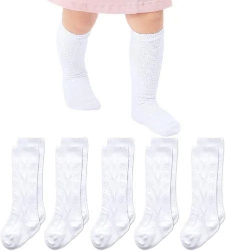 Miniatura 9 de Mini angel Calcetines altos hasta la rodilla para bebé, calcetines largos de punto trenzado, calcetines de algodón sin costuras, para recién 5 pares