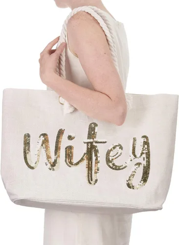 Miniatura 6 de ELEGANTPARK Bolsa de yute con bolsillo interior de lentejuelas doradas, regalo para novia, luna de miel, boda, playa, bolsa de yute con lentejuelas