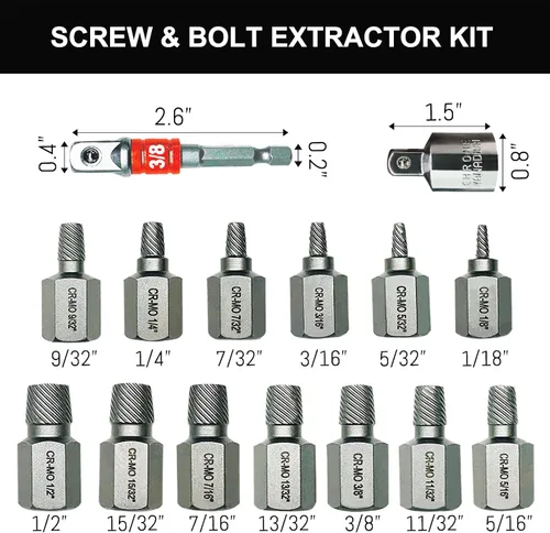 Miniatura 2 de Juego de 15 extractores de tornillos CR-MO – Kit de extracción múltiple de 3/8 pulgadas con accionamiento hexagonal multilínea para tornillos rotos