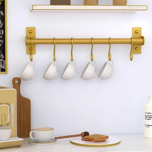 Miniatura 4 de Dseap Soporte Colgante para Utensilios de Cocina, Estante para Ollas y Sartenes Montado en la Pared, Riel de Cocina con 8 Ganchos para Colgar Dorado