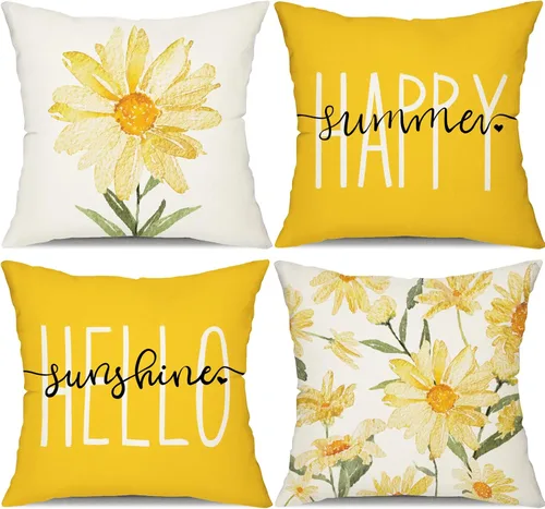 DFXSZ Juego de 4 fundas de almohada de verano de 16 x 16 pulgadas, diseño de margaritas en acuarela, color amarillo, para decoración de exteriores,