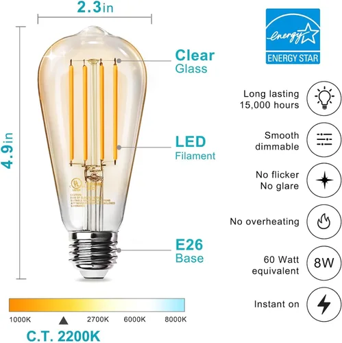 Miniatura 2 de TJOY Paquete de 4 bombillas LED Edison ámbar vintage, equivalente a 60 W, regulables, 8 W, 800 lúmenes, blanco suave de 2200 K, ST58, bombillas