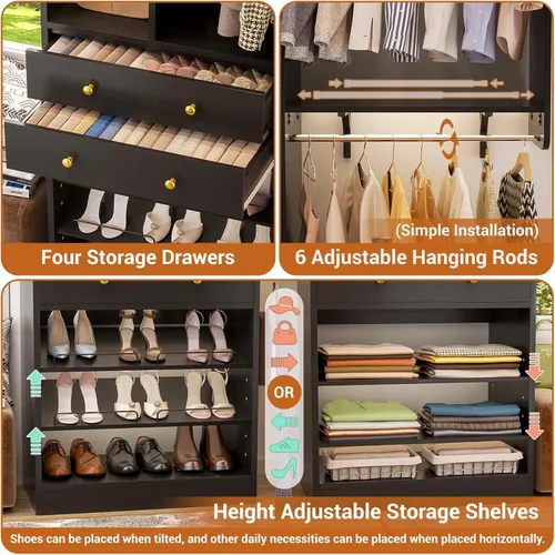 Miniatura 5 de Besiost - Sistema de armario, organizador de armario de hasta 128.6"/10.7 pies con 4 cajones y estantes de madera, sistema de armario a medida con 6
