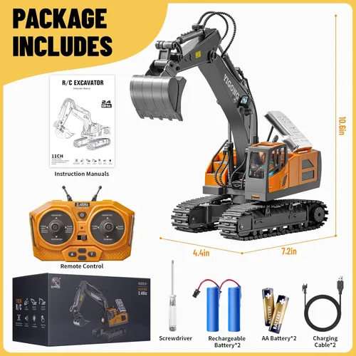 Miniatura 7 de Excavadora de juguete a control remoto, excavadora de construcción RC de 11 canales con pala de metal, luces y sonidos, excavadora todoterreno