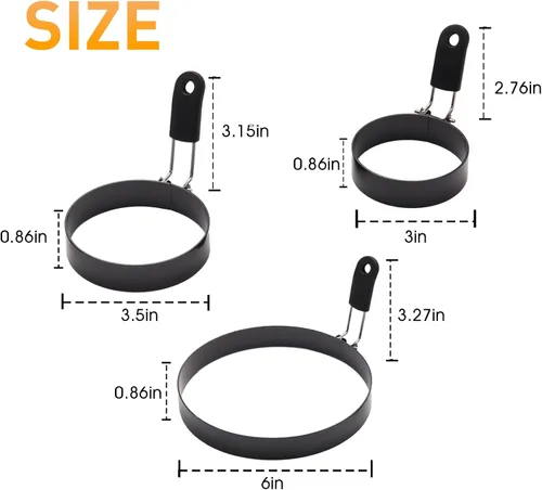 Miniatura 2 de Yevior Paquete de 6 anillos para huevos, 3 tamaños de anillos de cocina para freír, moldear huevos de cocina, moldes para panqueques, utensilios