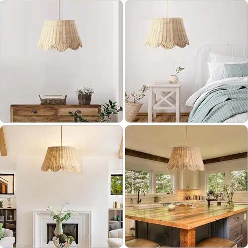 Miniatura 5 de Lámpara colgante enchufable con bordes ondulados, luces colgantes de ratán con cable enchufable de 15 pies de cuerda de cáñamo, interruptor