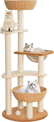 Moderna torre de árbol para gatos de interior, condominio de madera de varios niveles con nido de cápsula espacial, cesta tejida a mano para gatos,