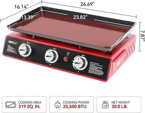 Miniatura 3 de Royal Gourmet PD1301R Plancha de mesa de propano de 3 quemadores con cubierta, parrilla portátil de 24 pulgadas con salida de 25,500 BTU para Rojo