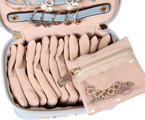 Miniatura 6 de Angelinas Palace Estuche organizador de joyas regalos de dama de honor bolsa de viaje caja de cuero vegano para collar aretes pulsera anillo azul