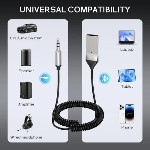 Miniatura 2 de Meliya Adaptador auxiliar a Bluetooth 5.3 para automóvil, USB 2.0 a 0.138 in Bluetooth receptor Jack Kit con micrófono incorporado entrada auxiliar