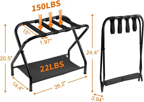 Miniatura 7 de Heybly Portaequipajes, paquete de 2, soporte plegable de acero para maleta con estante de almacenamiento para dormitorio, hotel, marco de acero