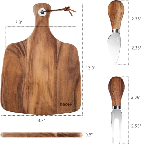 Miniatura 7 de hecef Juego de 3 tablas de queso, un plato de queso de madera de acacia, un cuchillo, un tenedor, plato de charcutería, juego de pizarra para servir