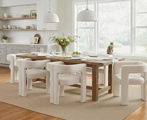 Miniatura 7 de CIMOTA Juego de 2 sillas de comedor modernas de barril, sillas acentuadas tapizadas en tela de lino con brazos/patas de madera/espalda abierta