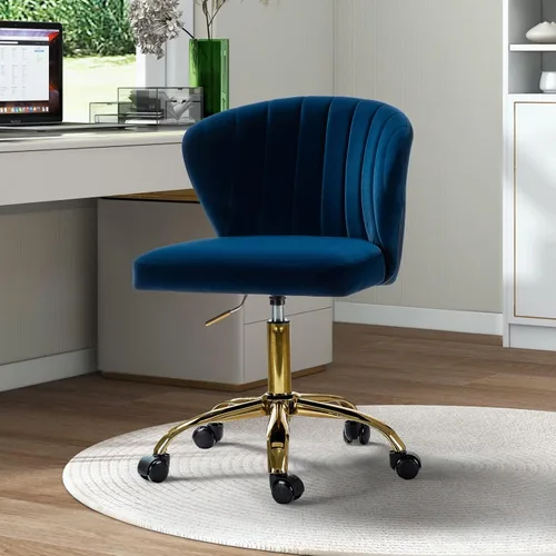 TINA'S HOME Sillas de escritorio de oficina con ruedas y base dorada, moderna silla de oficina sin brazos de terciopelo linda, silla giratoria Azul