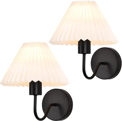 Miniatura 13 de Juegos de 2 apliques de pared, pantalla de lámpara de tela plisada blanca, lámpara de pared negra mate, iluminación de pared con soporte de columna