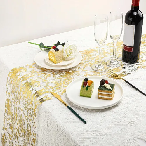 Miniatura 4 de Tegeme Camino de mesa dorado metálico de 11 pulgadas x 33 pies con purpurina metálica fina decoración de mesa de tela dorada con lentejuelas