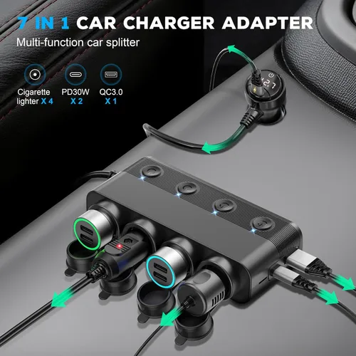 Miniatura 2 de Cargador de coche divisor de encendedor de cigarrillos, 300 W, 4 enchufes, adaptador de 12 V con doble PD 36 W y QC3.0 USB C multipuerto