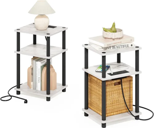 Miniatura 29 de Furinno JUST - Mesa auxiliar moderna de 3 niveles con estación de carga, mesita de noche de fácil montaje, mesita de noche con puerto USB y tipo C