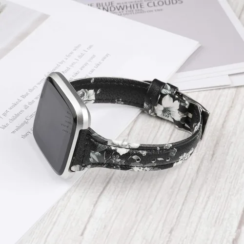 Miniatura 3 de TOYOUTHS Correa de cuero compatible con Fitbit Versa/Versa 2, correas de reloj para mujeres y hombres, pulseras delgadas de cuero genuino de Negro