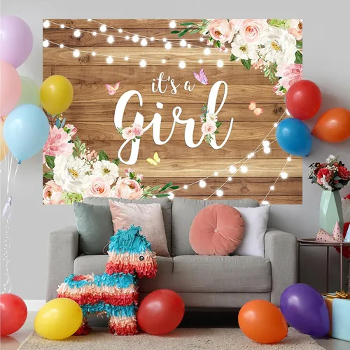 Miniatura 3 de Fondo para baby shower con texto en inglés "It's a Girl" para baby shower, acuarela, rosa, floral, madera rústica, fondo de fotografía de mariposa