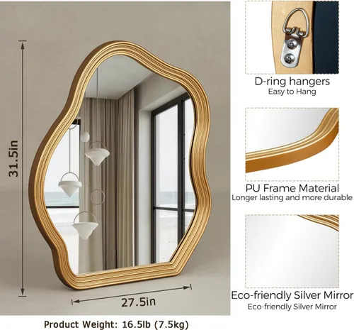 Miniatura 5 de SHYFOY Espejo de pared dorado antiguo, espejo decorativo asimétrico para decoración de pared, espejos ornamentados grandes irregulares para sala