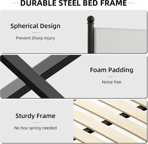 Miniatura 7 de BarnFurin Base de cama tamaño matrimonial con cabecero, cama tapizada de plataforma de metal con terciopelo de pana y listones de madera, diseño
