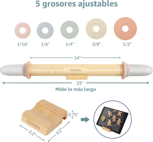 Miniatura 6 de Geesta - Rodillo de madera ajustable con 5 anillos de grosor, diseño de mango de prensa de rodillo de masa preciso con guía de medición para Western
