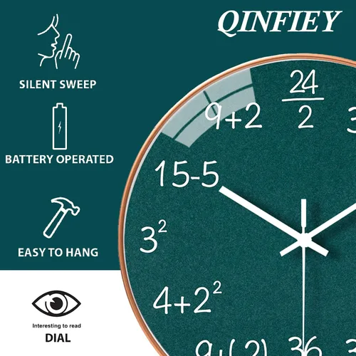 Miniatura 3 de QINFIEY Reloj de pared de matemáticas de 12 pulgadas con movimiento silencioso sin tictac, reloj de pared de cuarzo de calidad para oficina, aula