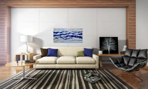 Miniatura 9 de SYGALLERIER Arte de pared abstracto de metal costero, hecho a mano, gran 3D, azul y plateado, ilustraciones modernas de olas de mar, escultura