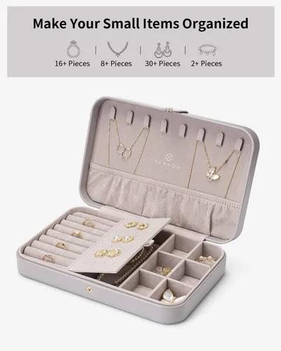 Miniatura 5 de Vlando Joyero de viaje para mujer, caja organizadora de joyas de cuero portátil para collares, aretes, anillos, pulseras, tamaño pequeño, regalos