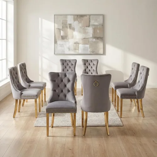 Miniatura 131 de OVENTA Juego de 4 sillas de comedor modernas tapizadas copetudas, terciopelo negro y gris y cuero con patas de madera maciza, sillas de cocina