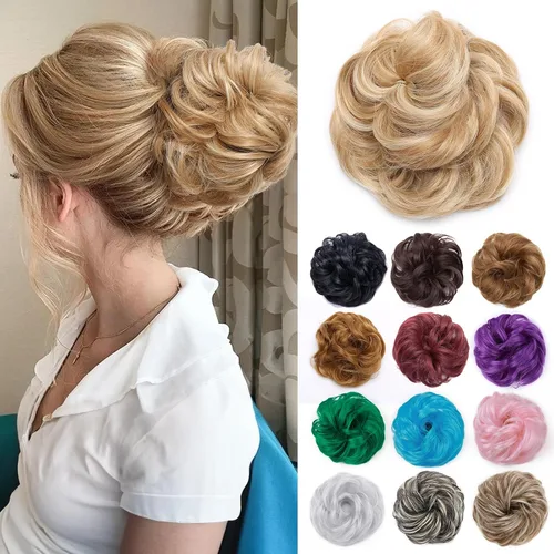 Miniatura 12 de Benehair Moño desordenado, pieza de pelo recogido para mujer, esponjoso, ondulado, moño con dona, moño sintético con banda elástica de goma