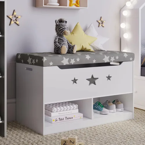 Miniatura 9 de Sturdis Caja de juguetes para niños, color gris y blanco con asiento de banco de almacenamiento de cojines, baúl de almacenamiento de juguetes