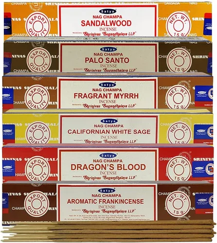 Miniatura 7 de Paquete de varillas de incienso Satya #10 y paquete con soporte con 6 fragancias clásicas: sándalo, sangre de dragón, palo santo, salvia blanca