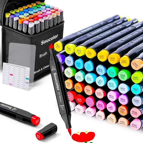 Soucolor - Juego de 51 marcadores a base de alcohol con punta de pincel, marcadores de arte a base de alcohol de doble punta (pincel y cincel), 50