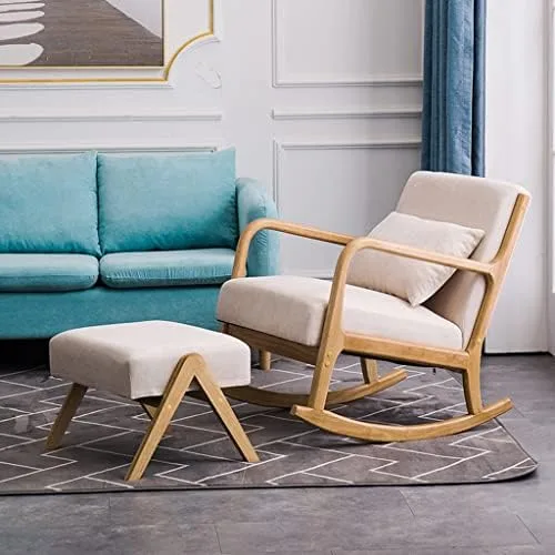 Miniatura 2 de Solid Wood Rocking Chair with Footrest Modern Fabric Design Comfortable Headrest for Home Office & StudyStylish & Ergonomic Seating