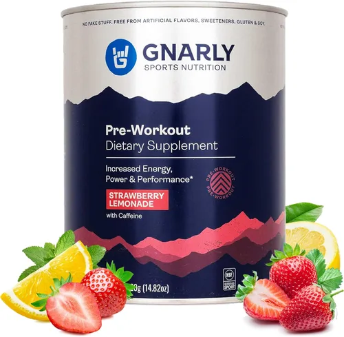 Gnarly Nutrition Polvo natural previo al entrenamiento, limonada de fresa - Certificado NSF Sport, resistencia y recuperación - Vegano